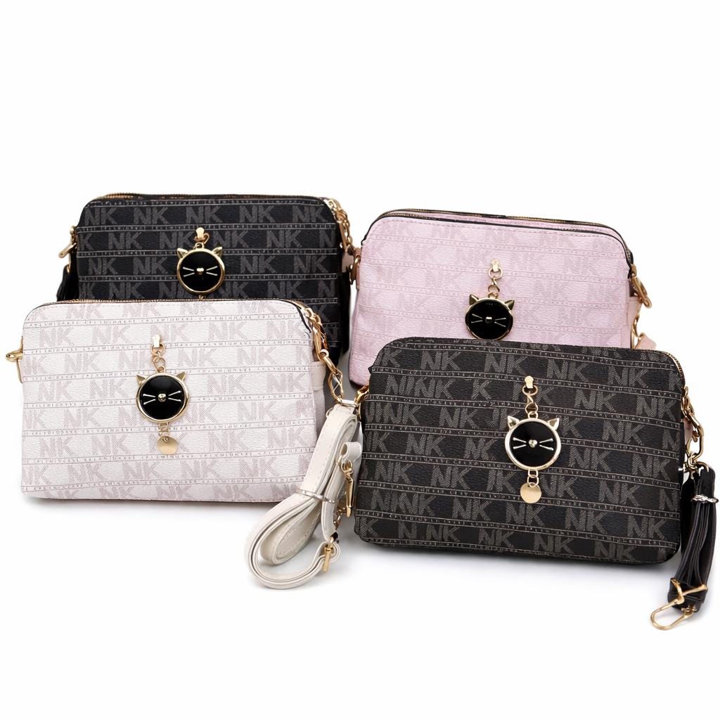 Black Monogram Crossbody Bag with Cat Charm, Small Pattern Shoulder Purse for Women