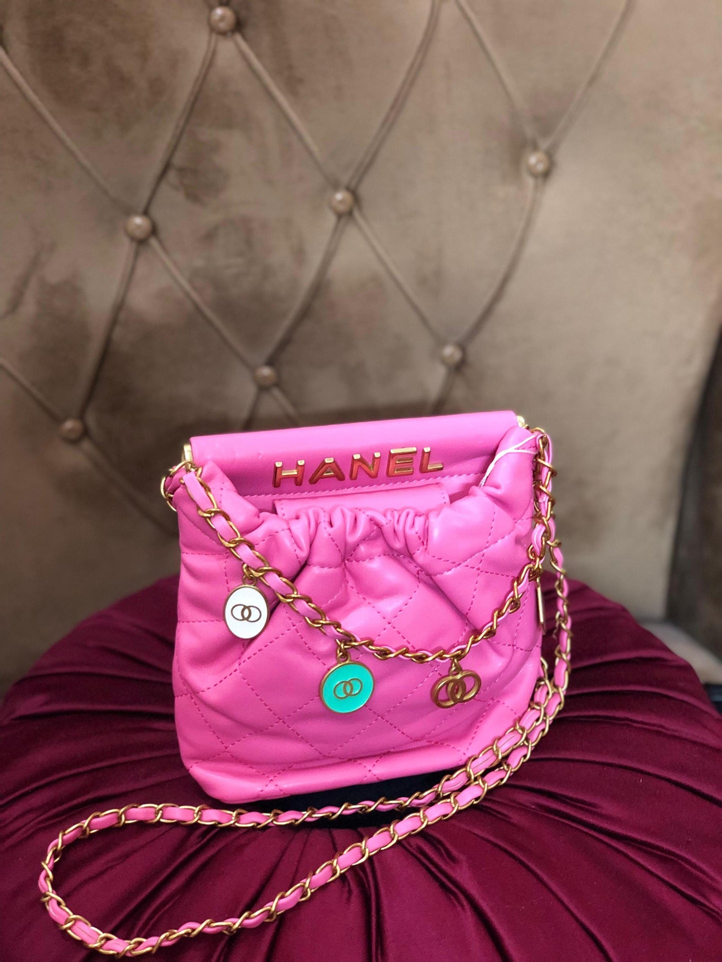 Hot Pink Quilted Faux Leather Crossbody Bag, Gold Chain Shoulder Purse