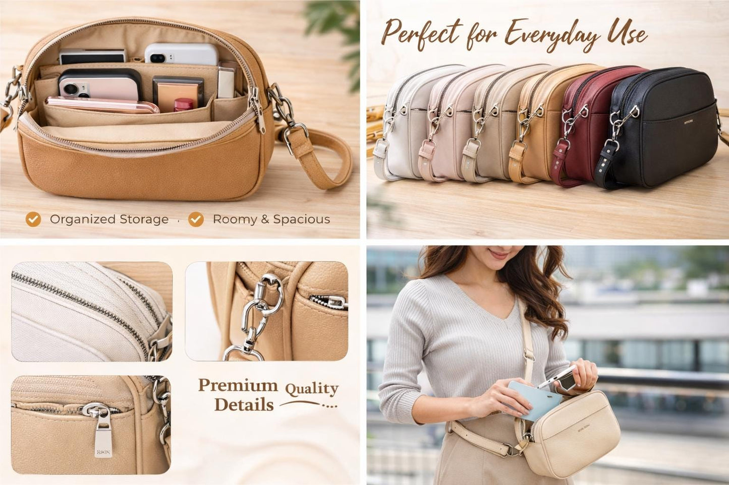 Crossbody Bag, Multi Compartment Shoulder Purse, Everyday Travel Handbag