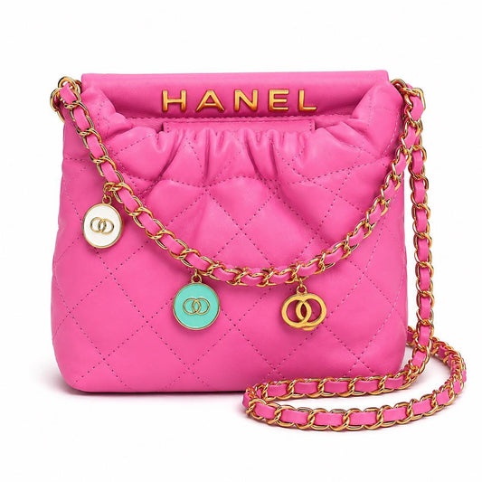 Hot Pink Quilted Faux Leather Crossbody Bag, Gold Chain Shoulder Purse