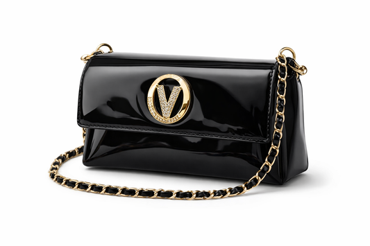 Black patent leather shoulder bag with gold chain - Lace & Luxe