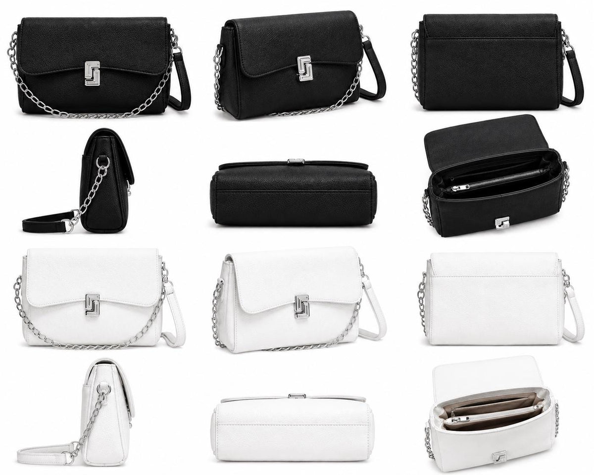 Black Pebbled Leather Crossbody Bag, White Shoulder Purse, Chain Strap Handbag, Small Flap Bag, Everyday Mini Purse, Gift for Women
