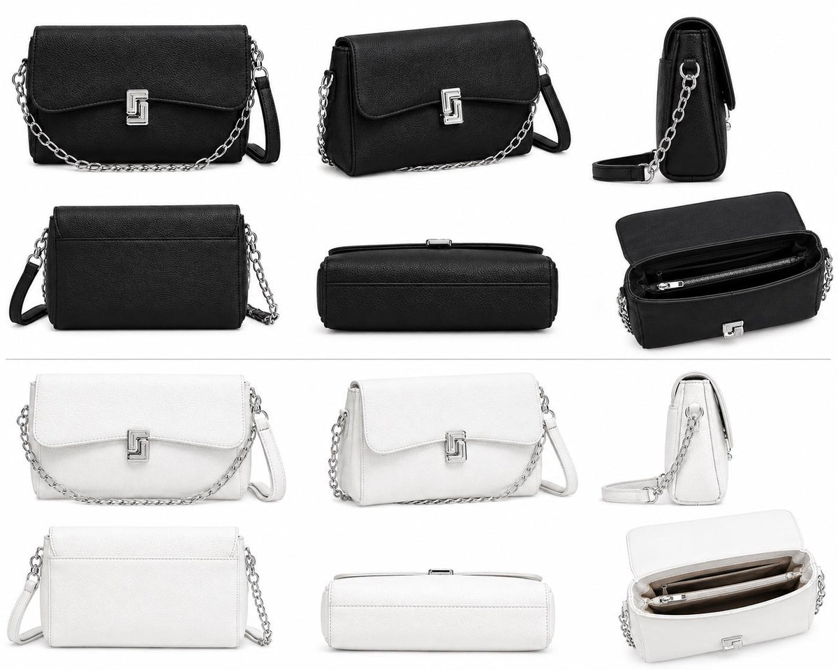 Black Pebbled Leather Crossbody Bag, White Shoulder Purse, Chain Strap Handbag, Small Flap Bag, Everyday Mini Purse, Gift for Women