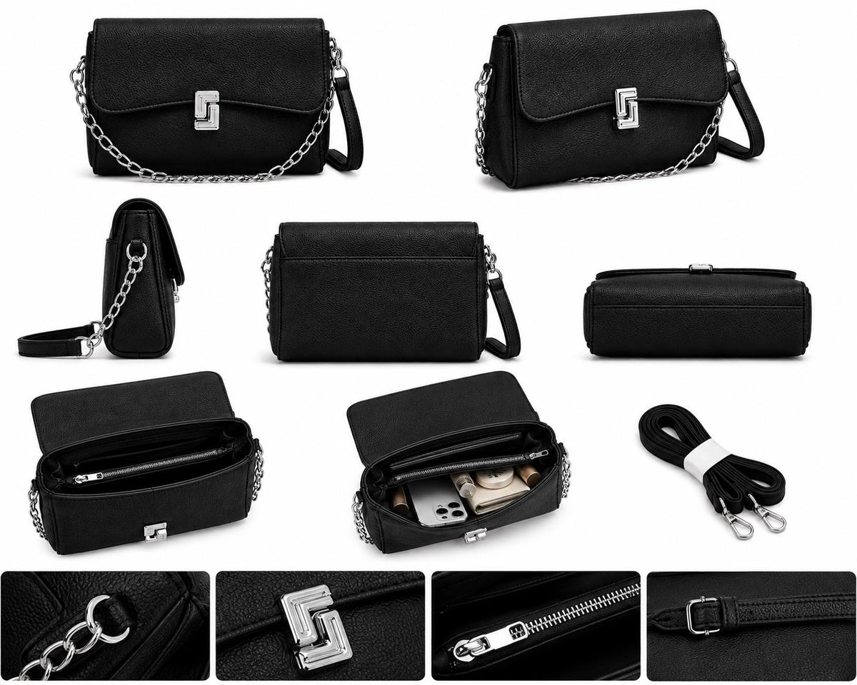 Black Pebbled Leather Crossbody Bag, White Shoulder Purse, Chain Strap Handbag, Small Flap Bag, Everyday Mini Purse, Gift for Women