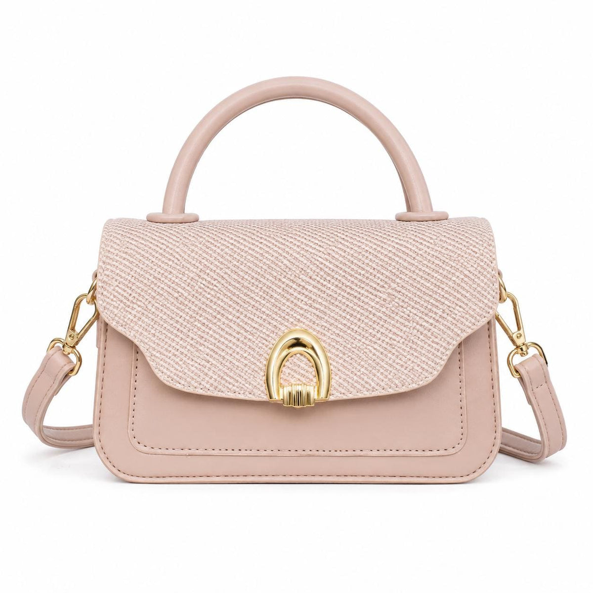 Woven Straw Handbag, Blush Vegan Leather Crossbody, Gold Hardware Purse