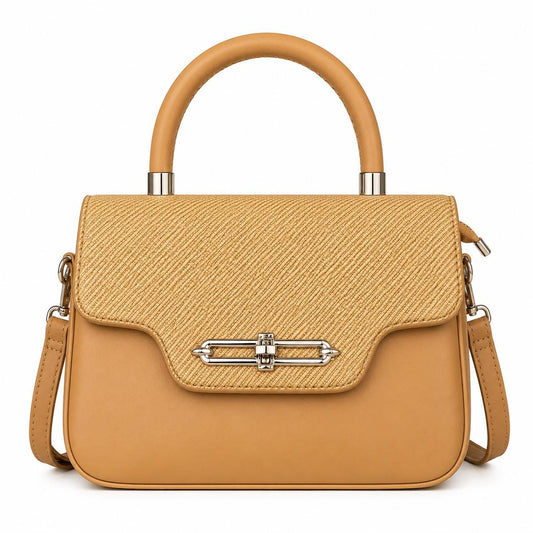 Woven Straw Tan Leather Top Handle Crossbody Bag, Boho Neutral Purse