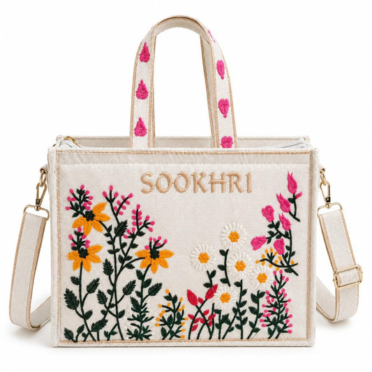 Gift for Her, Crossbody Purse, Daisy Print Bag, Embroidered Boho Canvas Tote