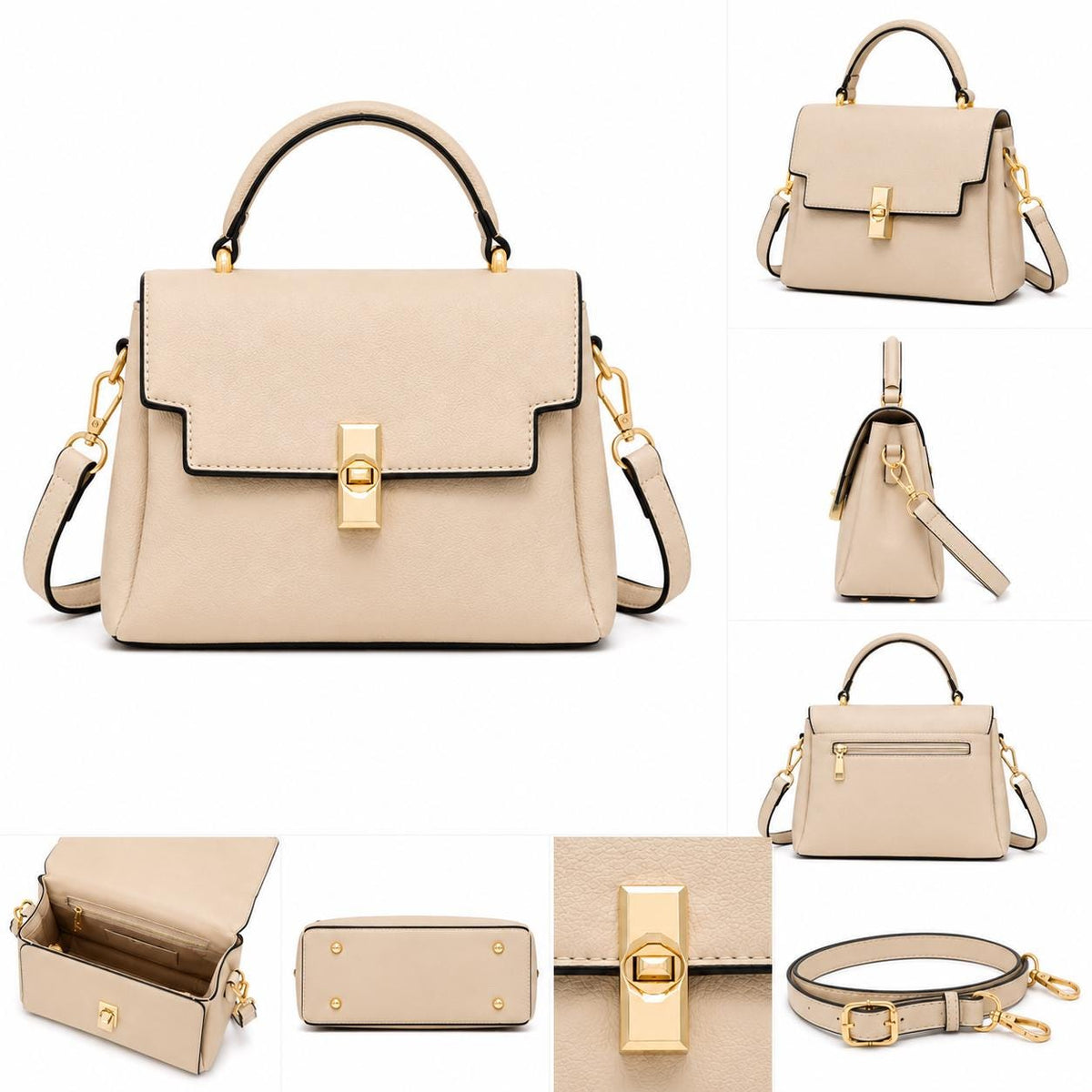 Structured Vegan Leather Crossbody Bag, Gold Twist Lock, Zigzag Trim (Multiple Colors)