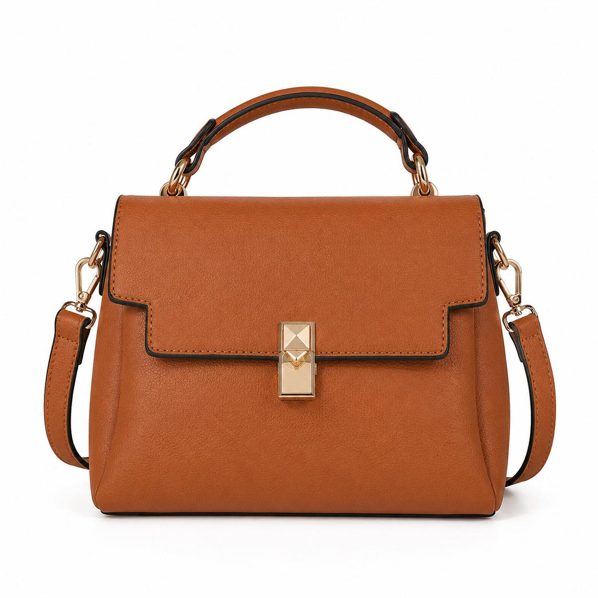 Structured Vegan Leather Crossbody Bag, Gold Twist Lock, Zigzag Trim (Multiple Colors)