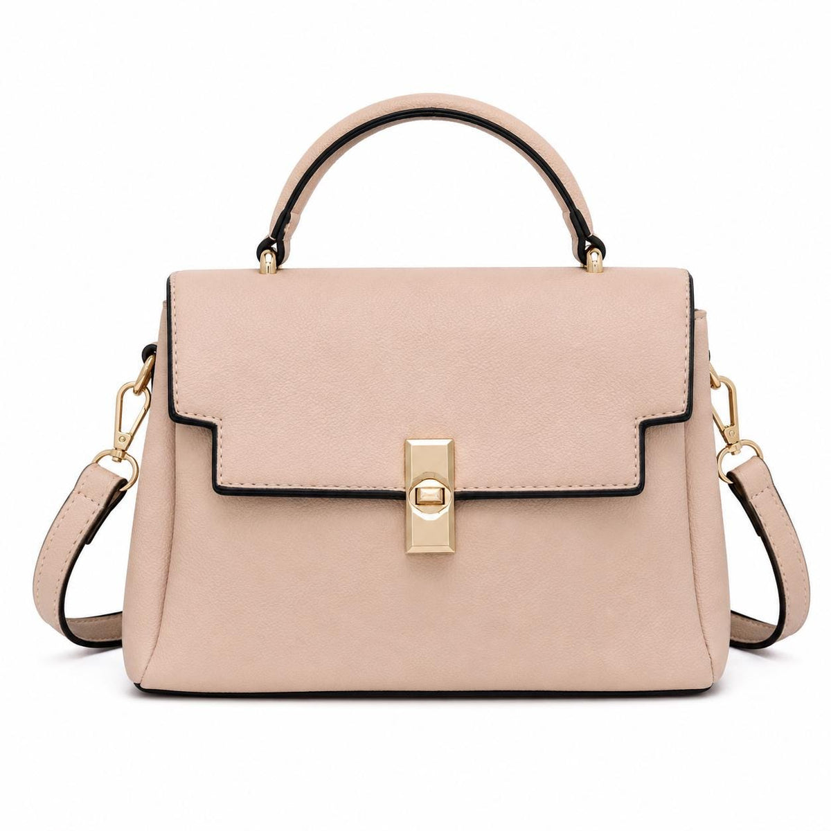 Structured Vegan Leather Crossbody Bag, Gold Twist Lock, Zigzag Trim (Multiple Colors)