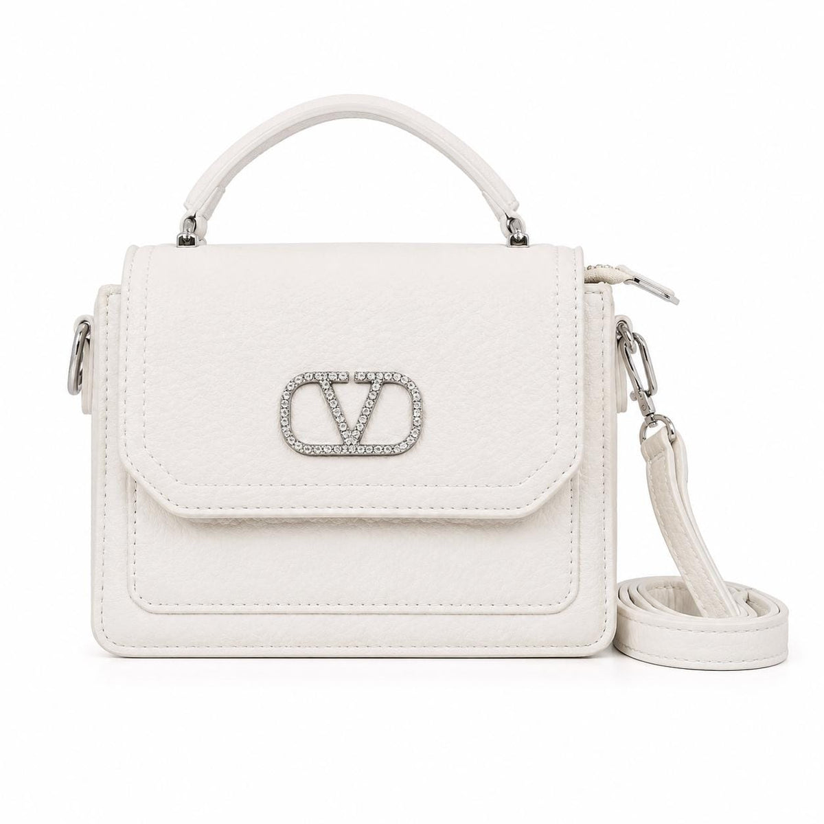 White Crystal V Logo Top Handle Bag, Structured Evening Purse with Strap