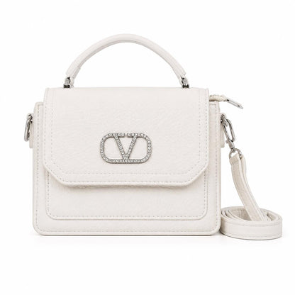White Crystal V Logo Top Handle Bag, Structured Evening Purse with Strap