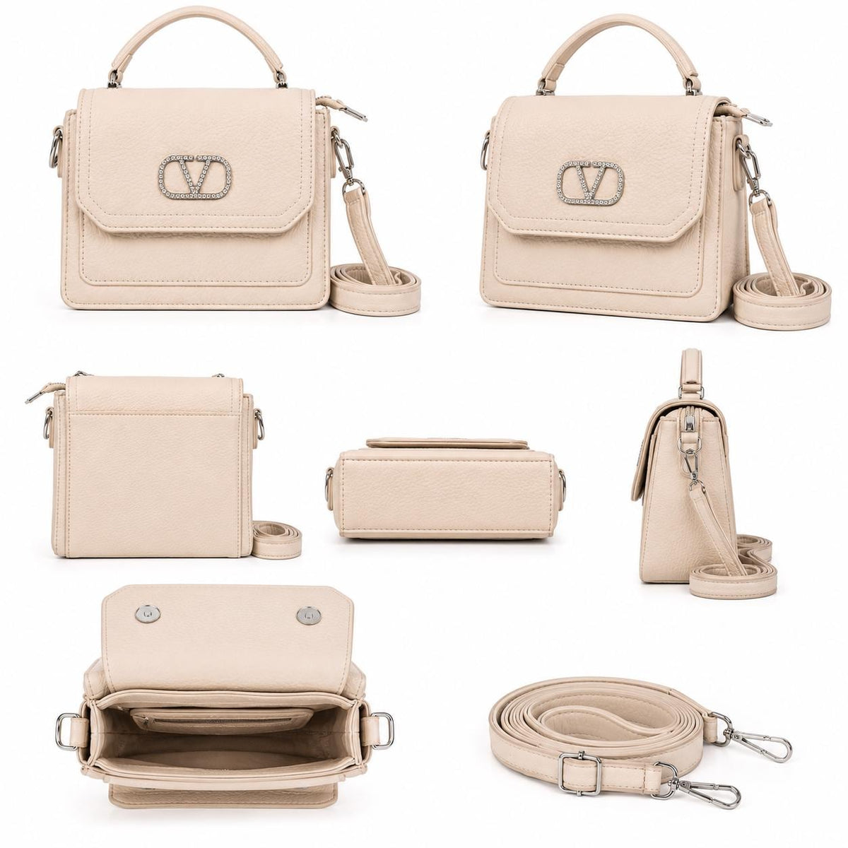 White Crystal V Logo Top Handle Bag, Structured Evening Purse with Strap