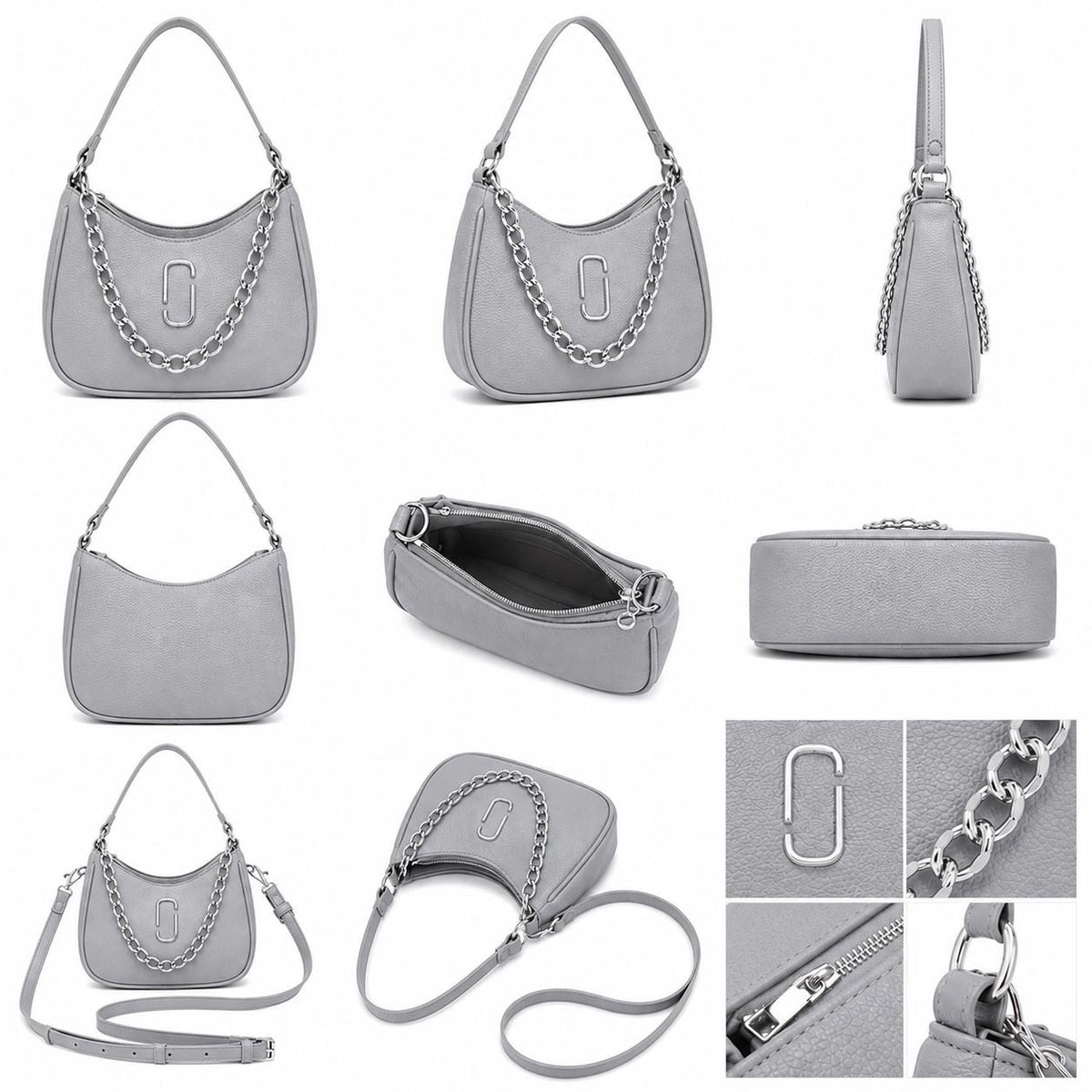 Crescent Moon Shoulder Bag, Chunky Silver Chain, Y2K Leatherette Purse