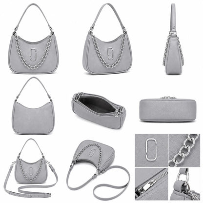Crescent Moon Shoulder Bag, Chunky Silver Chain, Y2K Leatherette Purse