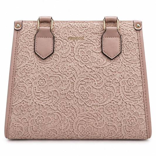 Lace Embossed Structured Handbag, [COLOR] Top Handle Tote, Vegan Leather Purse, Floral Textured Satchel Women's Fashion Bag Gift
