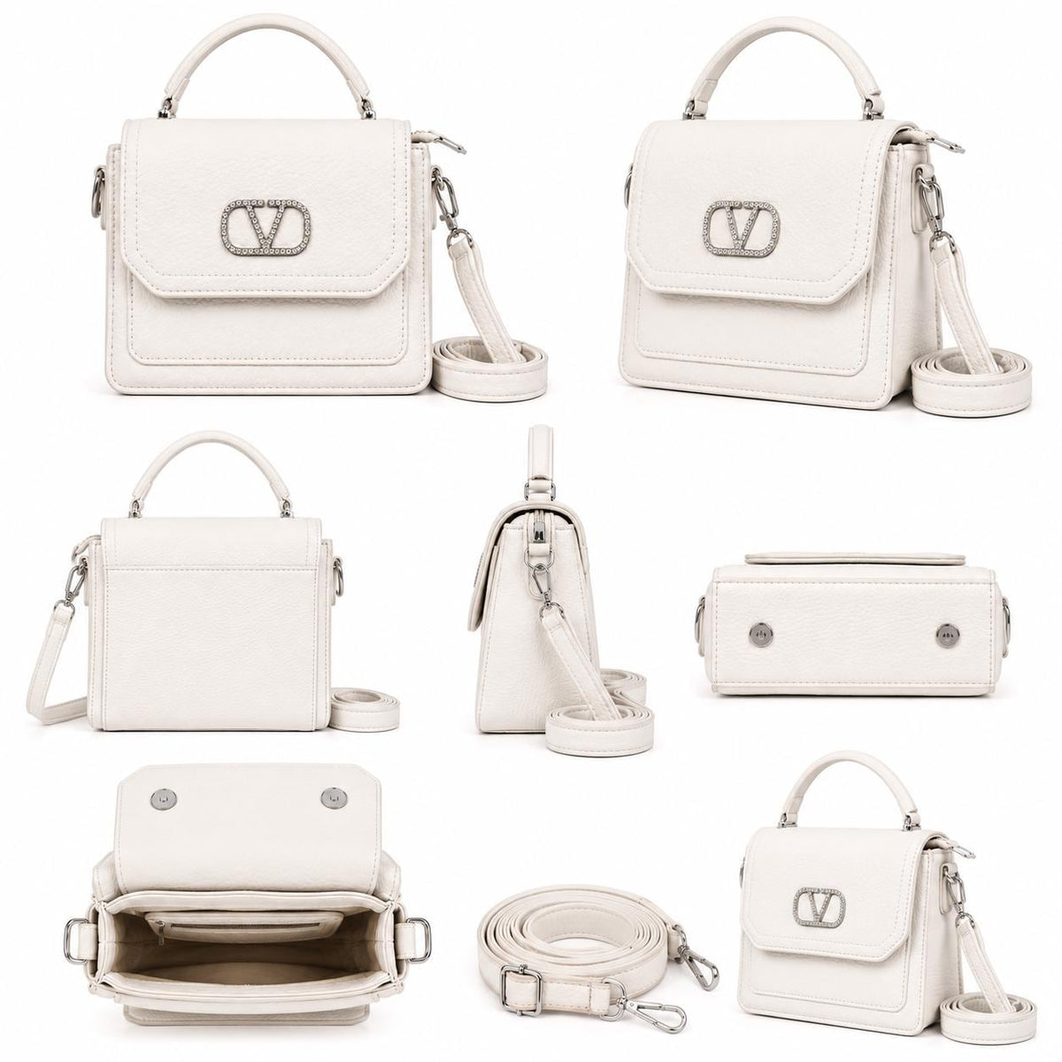White Crystal V Logo Top Handle Bag, Structured Evening Purse with Strap