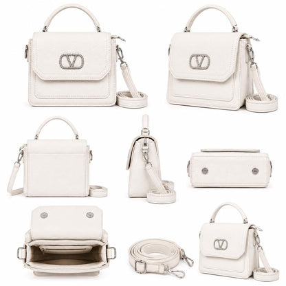 White Crystal V Logo Top Handle Bag, Structured Evening Purse with Strap
