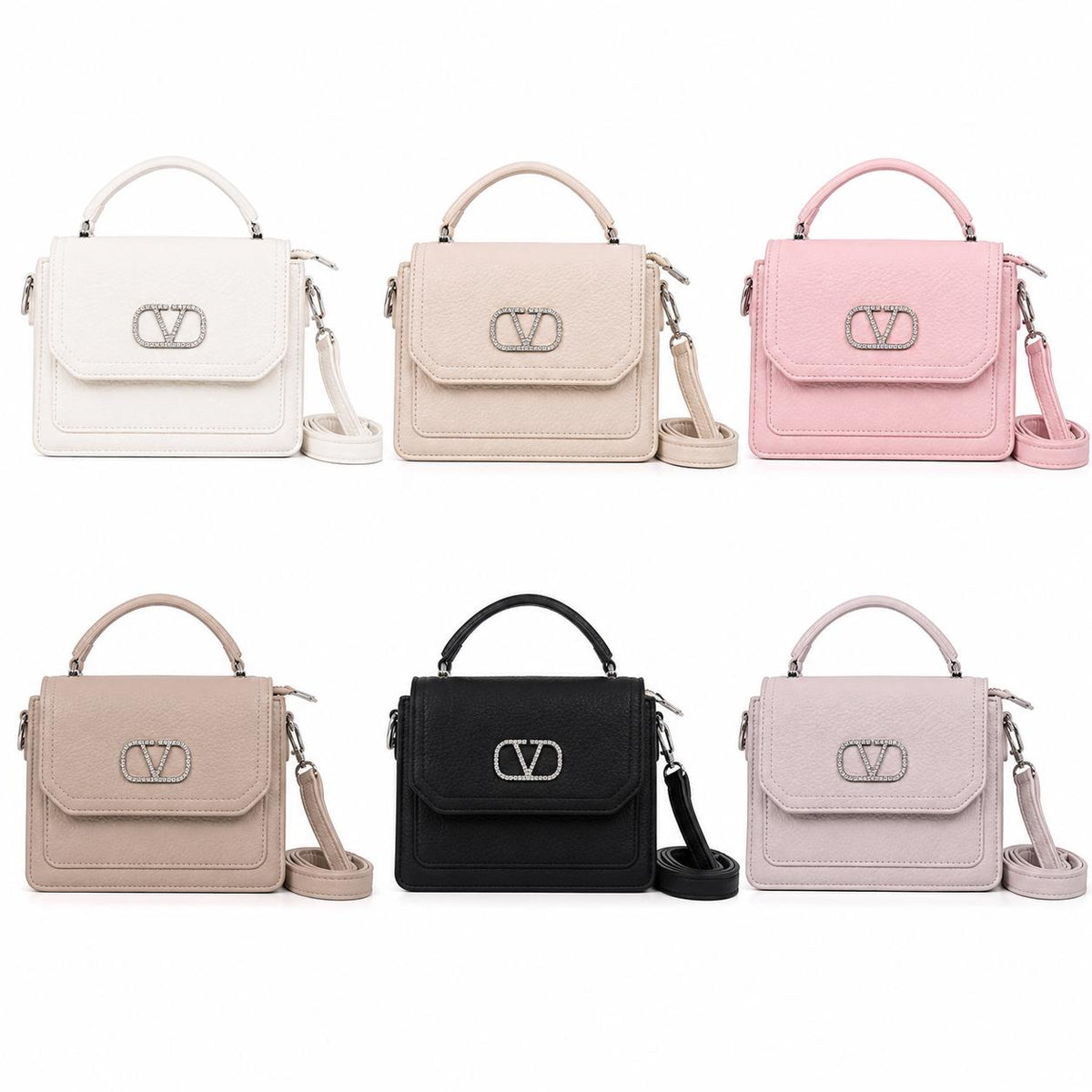 White Crystal V Logo Top Handle Bag, Structured Evening Purse with Strap