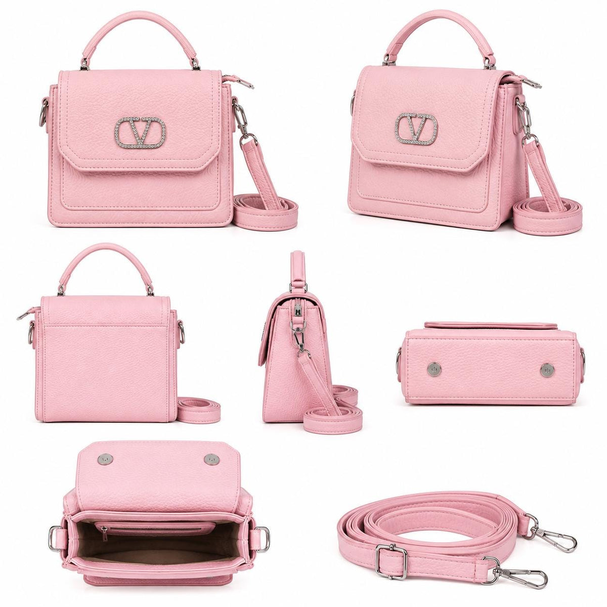 White Crystal V Logo Top Handle Bag, Structured Evening Purse with Strap