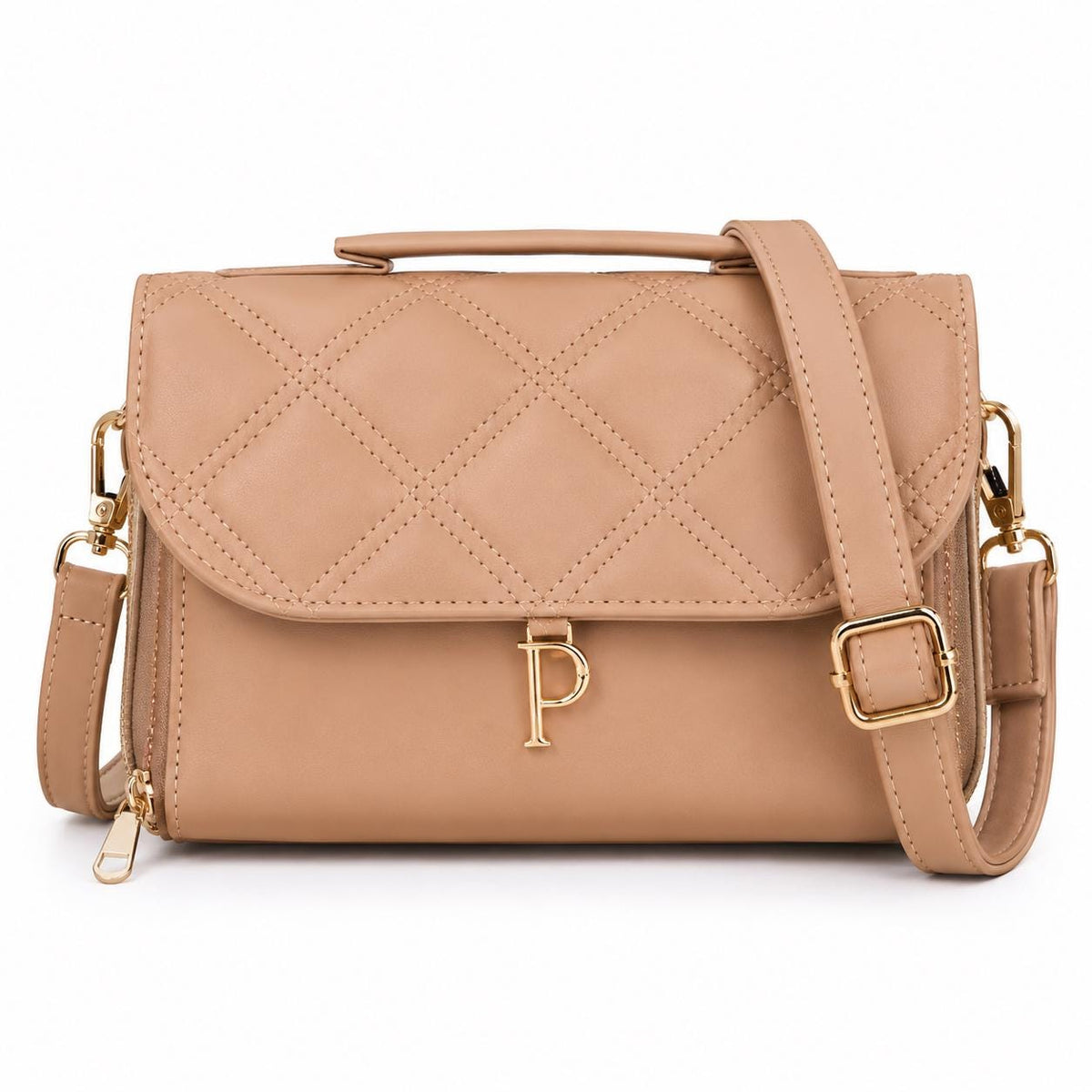Tan Crossbody Purse, Quilted Vegan Leather Bag, Gold Chain Detail Handbag, Structured Satchel Purse, Everyday Shoulder Bag for Women