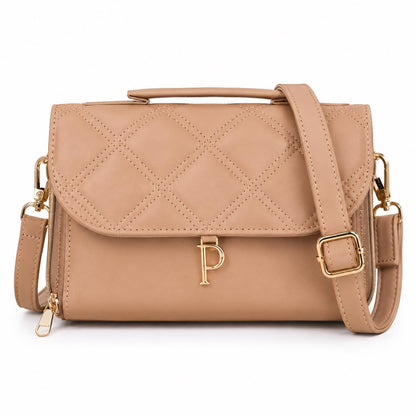 Tan Crossbody Purse, Quilted Vegan Leather Bag, Gold Chain Detail Handbag, Structured Satchel Purse, Everyday Shoulder Bag for Women