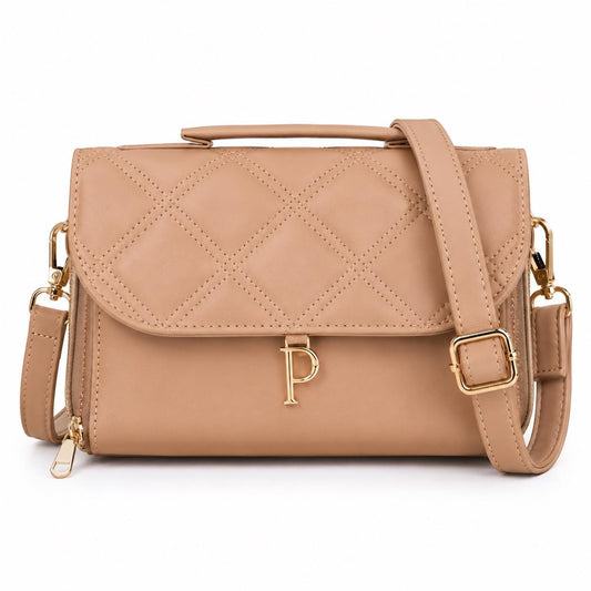 Tan Crossbody Purse, Quilted Vegan Leather Bag, Gold Chain Detail Handbag, Structured Satchel Purse, Everyday Shoulder Bag for Women
