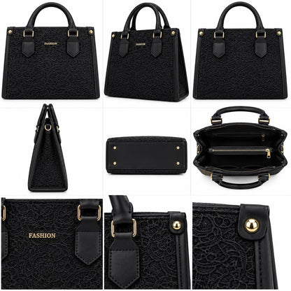 Lace Embossed Structured Handbag, [COLOR] Top Handle Tote, Vegan Leather Purse, Floral Textured Satchel Women's Fashion Bag Gift
