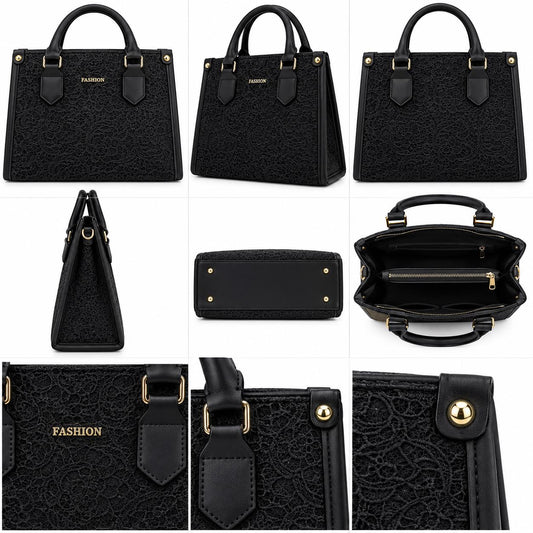 Lace Embossed Structured Handbag, [COLOR] Top Handle Tote, Vegan Leather Purse, Floral Textured Satchel Women's Fashion Bag Gift