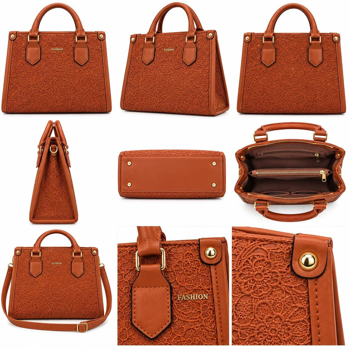 Lace Embossed Structured Handbag, [COLOR] Top Handle Tote, Vegan Leather Purse, Floral Textured Satchel Women's Fashion Bag Gift