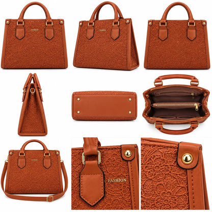 Lace Embossed Structured Handbag, [COLOR] Top Handle Tote, Vegan Leather Purse, Floral Textured Satchel Women's Fashion Bag Gift