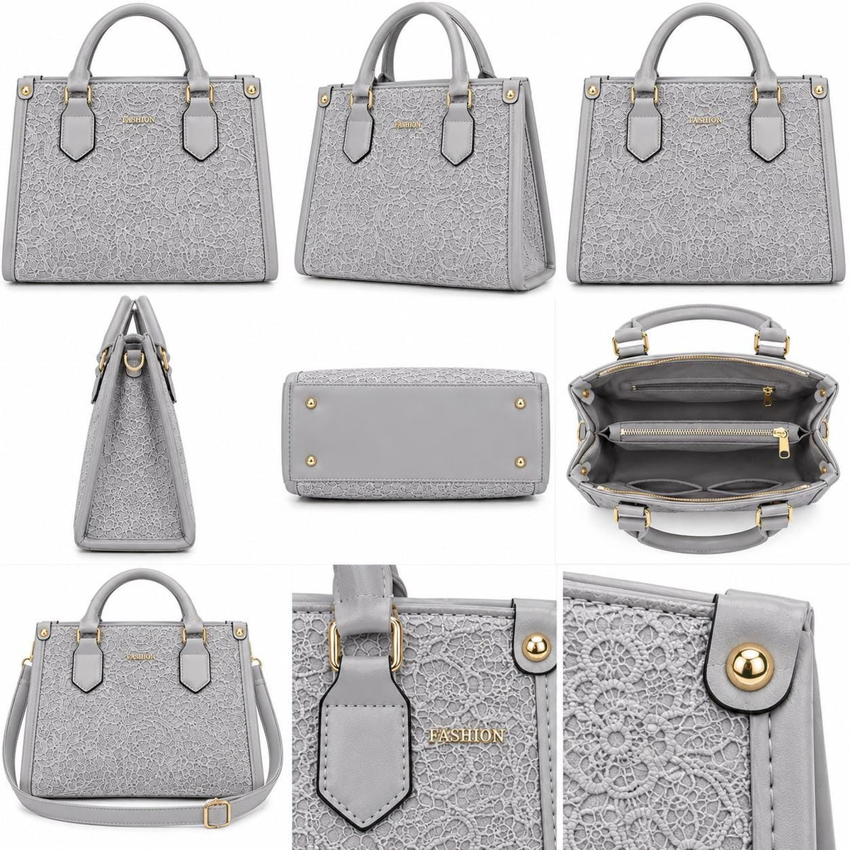 Lace Embossed Structured Handbag, [COLOR] Top Handle Tote, Vegan Leather Purse, Floral Textured Satchel Women's Fashion Bag Gift
