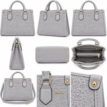 Lace Embossed Structured Handbag, [COLOR] Top Handle Tote, Vegan Leather Purse, Floral Textured Satchel Women's Fashion Bag Gift