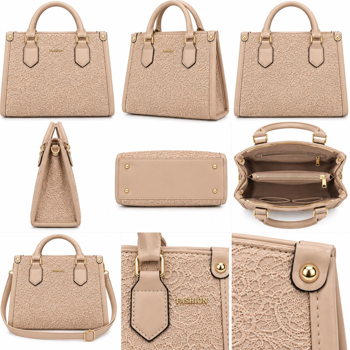 Lace Embossed Structured Handbag, [COLOR] Top Handle Tote, Vegan Leather Purse, Floral Textured Satchel Women's Fashion Bag Gift