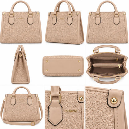 Lace Embossed Structured Handbag, [COLOR] Top Handle Tote, Vegan Leather Purse, Floral Textured Satchel Women's Fashion Bag Gift