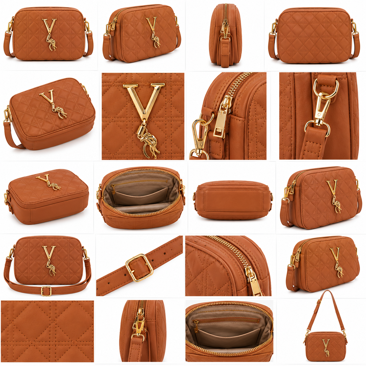 Quilted Pink Crossbody Bag for Women – Gold V Charm Shoulder Bag