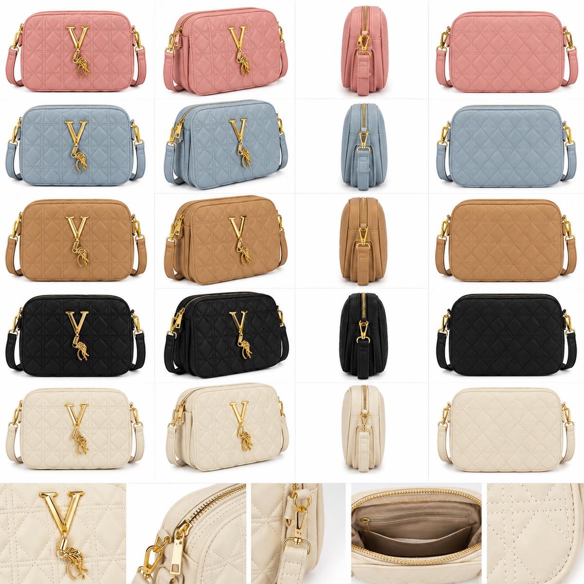 Quilted Pink Crossbody Bag for Women – Gold V Charm Shoulder Bag