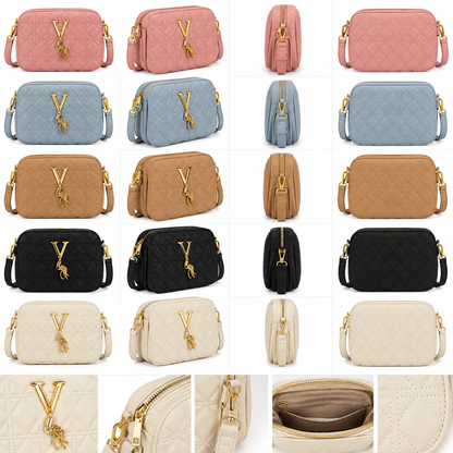 Quilted Pink Crossbody Bag for Women – Gold V Charm Shoulder Bag