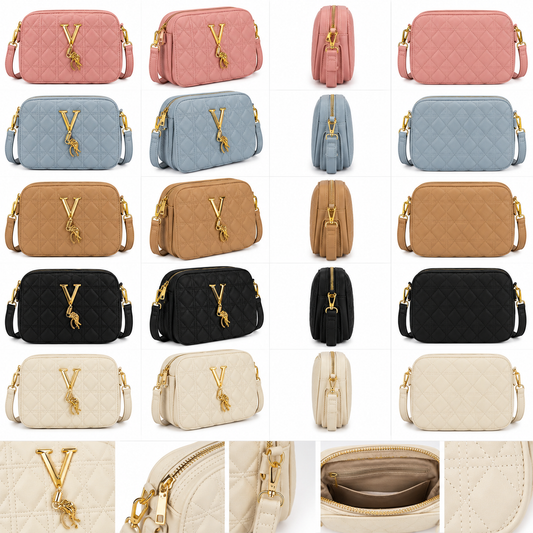 Quilted Pink Crossbody Bag for Women – Gold V Charm Shoulder Bag
