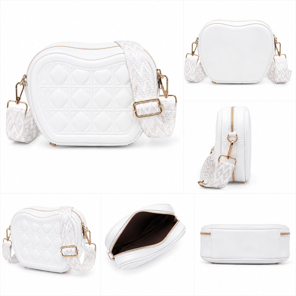 Quilted Heart-Shaped Crossbody Purse | White Vegan Leather Bag with Boho Strap