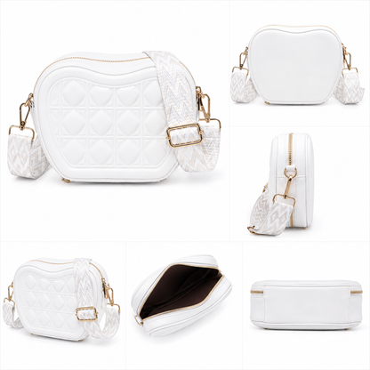 Quilted Heart-Shaped Crossbody Purse | White Vegan Leather Bag with Boho Strap