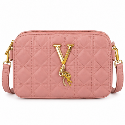 Quilted Pink Crossbody Bag for Women – Gold V Charm Shoulder Bag