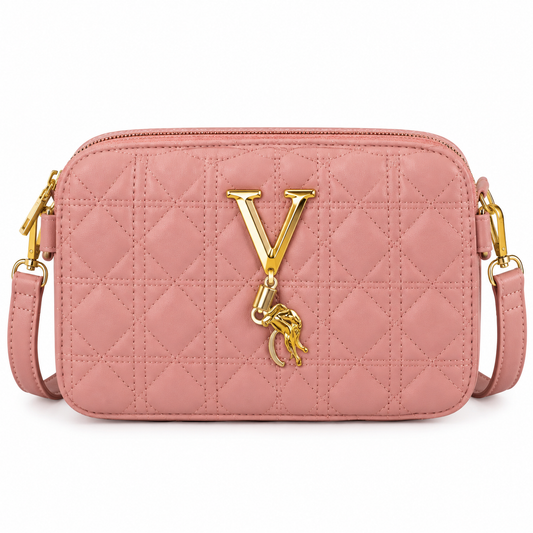 Quilted Pink Crossbody Bag for Women – Gold V Charm Shoulder Bag