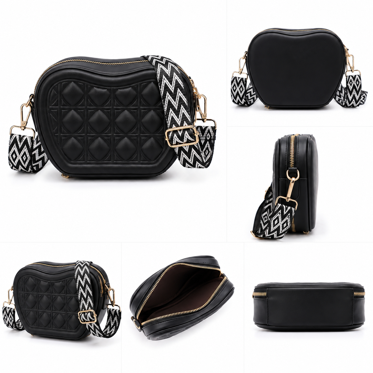 Quilted Heart-Shaped Crossbody Purse | White Vegan Leather Bag with Boho Strap