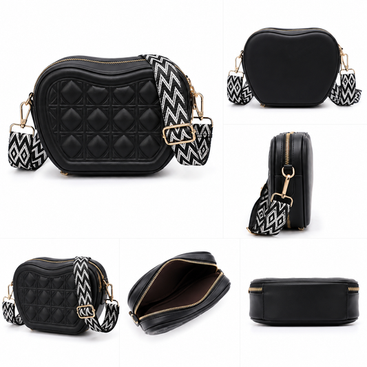 Quilted Heart-Shaped Crossbody Purse | White Vegan Leather Bag with Boho Strap
