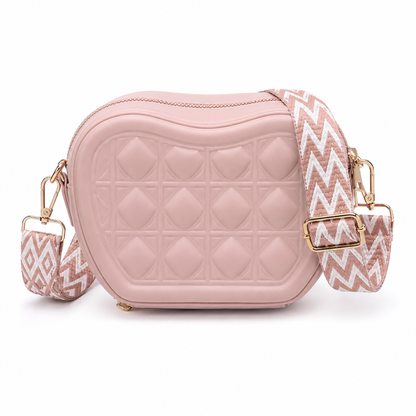 Quilted Heart-Shaped Crossbody Purse | White Vegan Leather Bag with Boho Strap