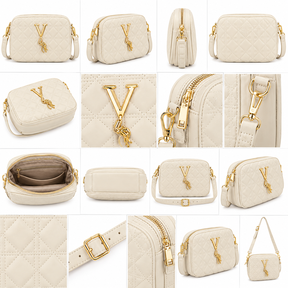 Quilted Pink Crossbody Bag for Women – Gold V Charm Shoulder Bag