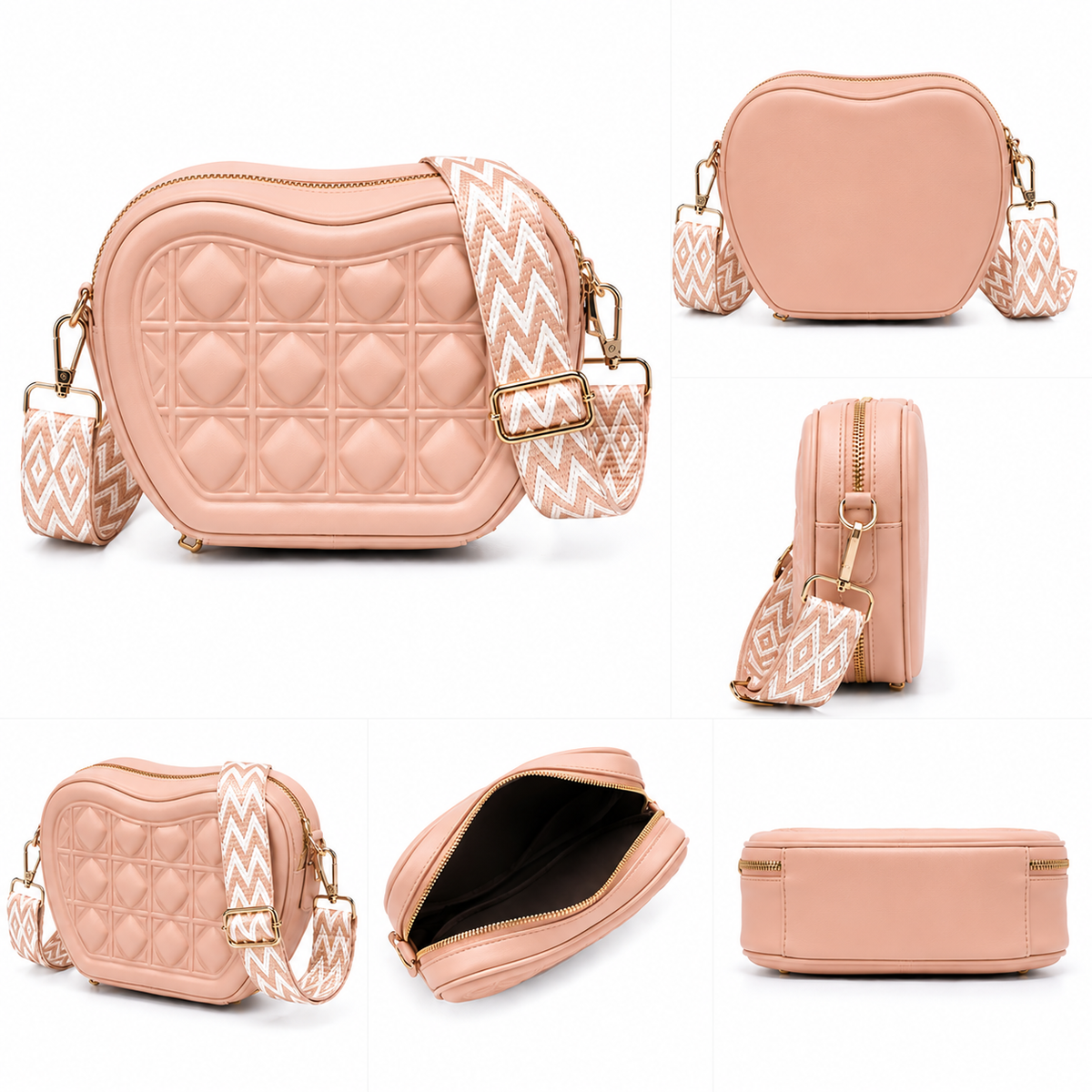 Quilted Heart-Shaped Crossbody Purse | White Vegan Leather Bag with Boho Strap