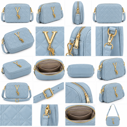 Quilted Pink Crossbody Bag for Women – Gold V Charm Shoulder Bag