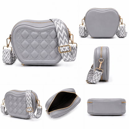 Quilted Heart-Shaped Crossbody Purse | White Vegan Leather Bag with Boho Strap